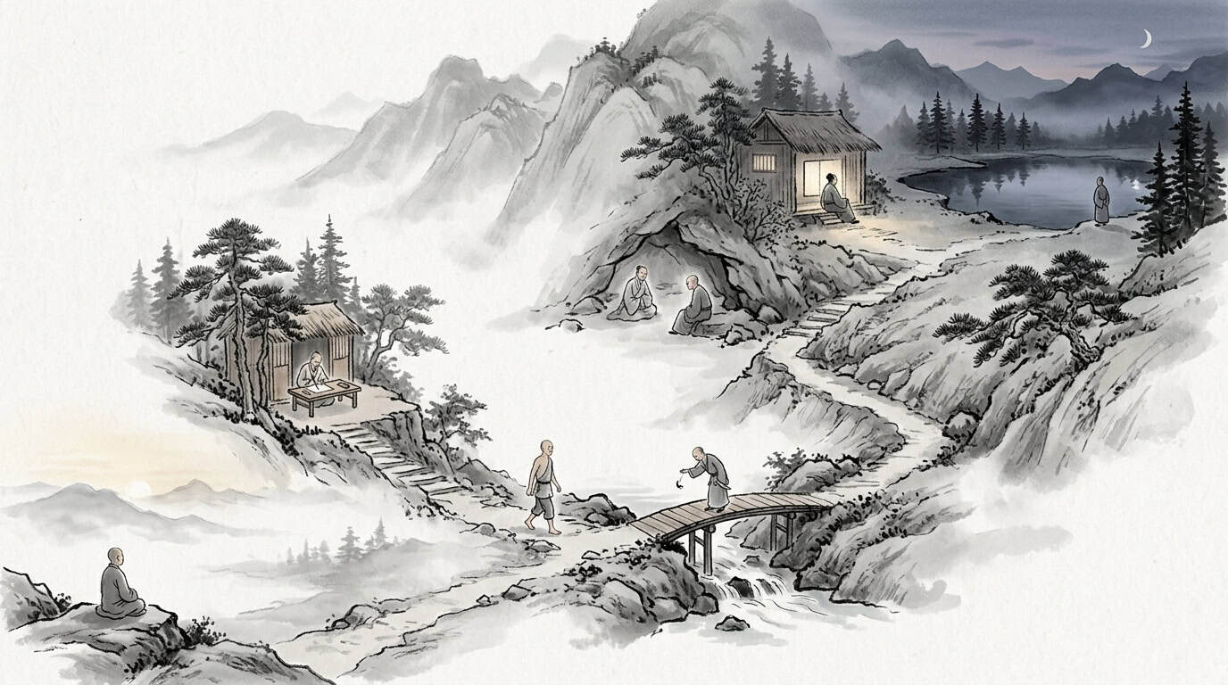 Siete vignetas de habitos cotidianos en senda de montana, taoismo en la vida diaria, tinta china