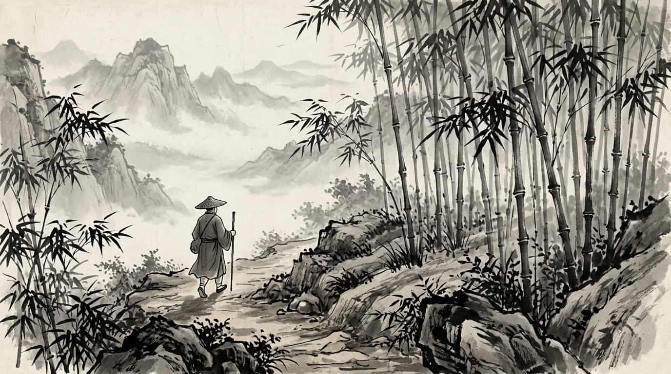 Figura caminando lentamente entre bambu, meditacion taoista en movimiento, tinta china