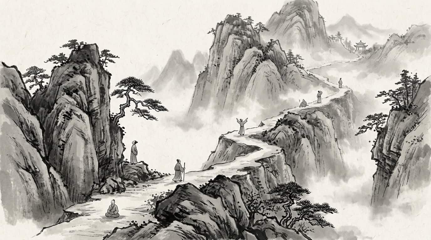Siete figuras diminutas en senda de montana representando la rutina diaria taoista, pintura en tinta china
