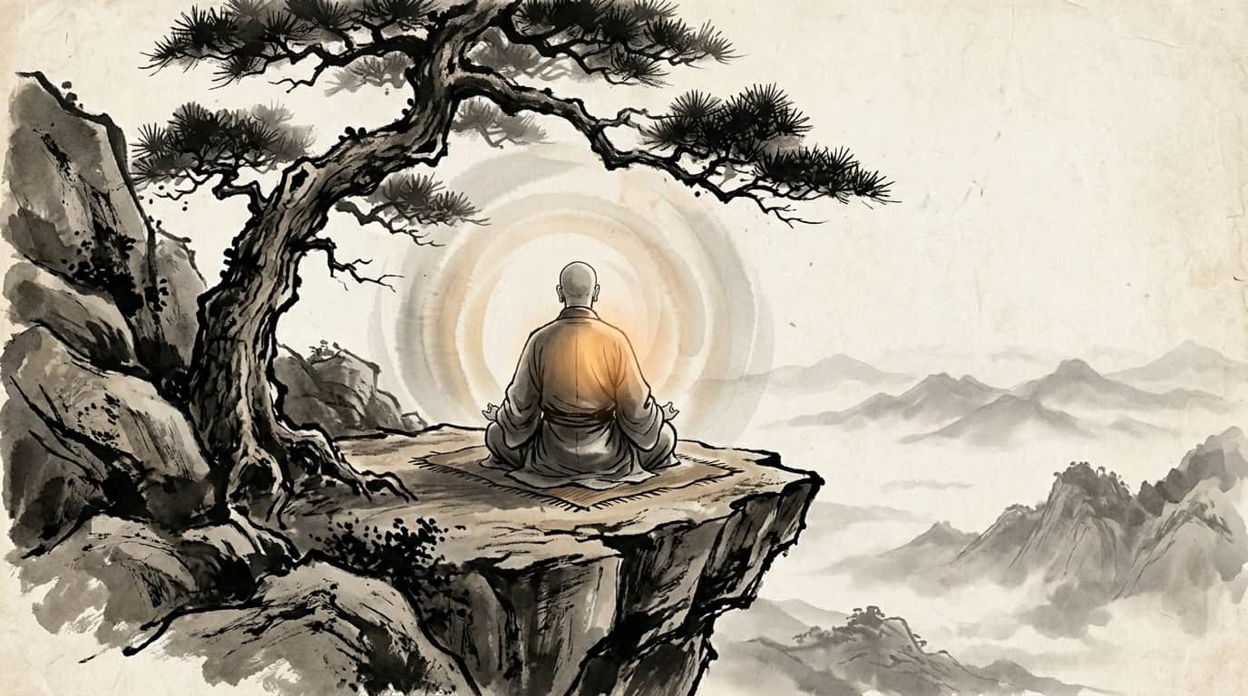Figura bajo pino con calidez irradiando del pecho, practica de la sonrisa interior taoista, tinta china