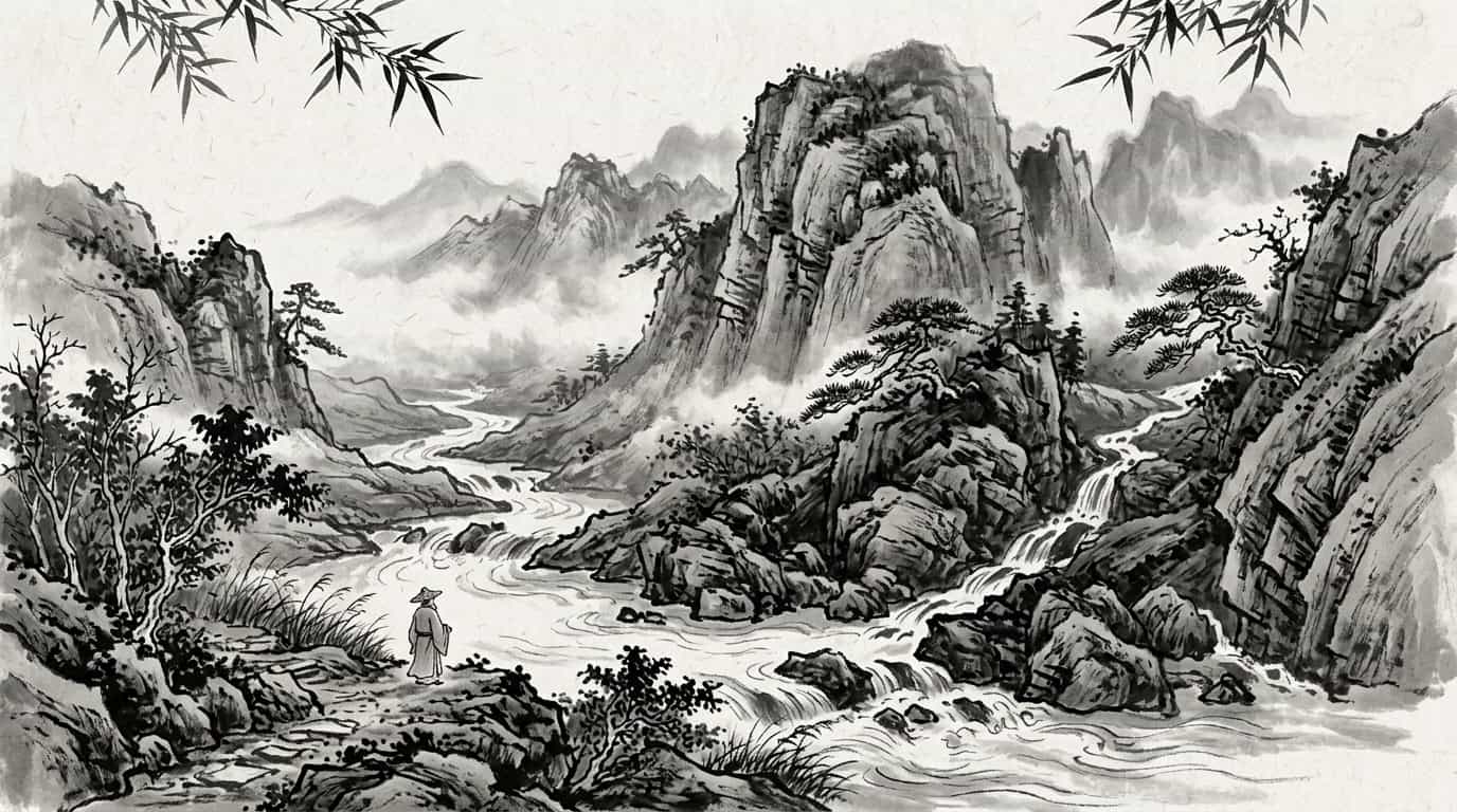 Arroyo fluyendo alrededor de rocas, el Wu Wei en la rutina diaria, pintura en tinta china