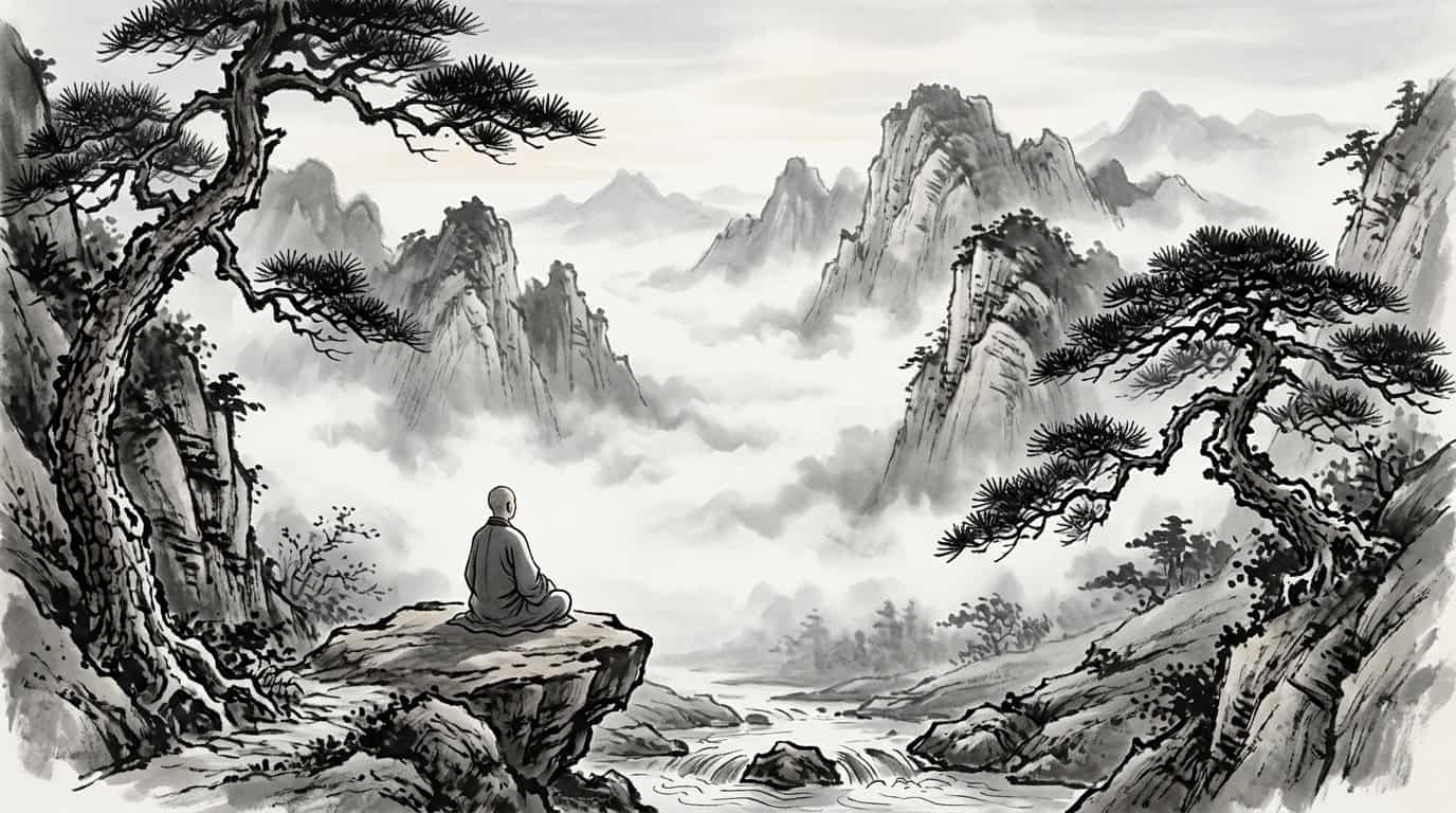 Figura meditando junto a un arroyo de montana al amanecer, pintura en tinta china