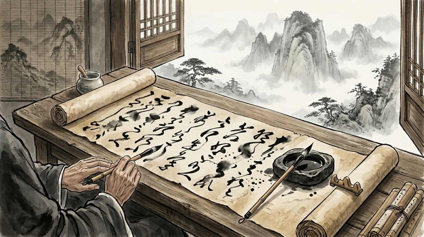 Mesa de erudito con pergamino de caligrafia, ventana a montanas, tinta china