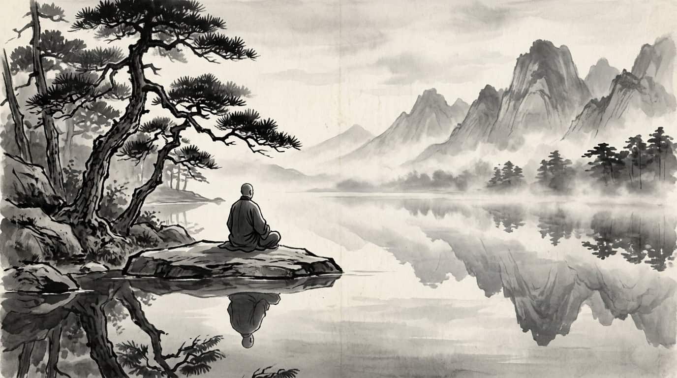 Figura meditando junto a un lago de montana en calma, pintura en tinta china