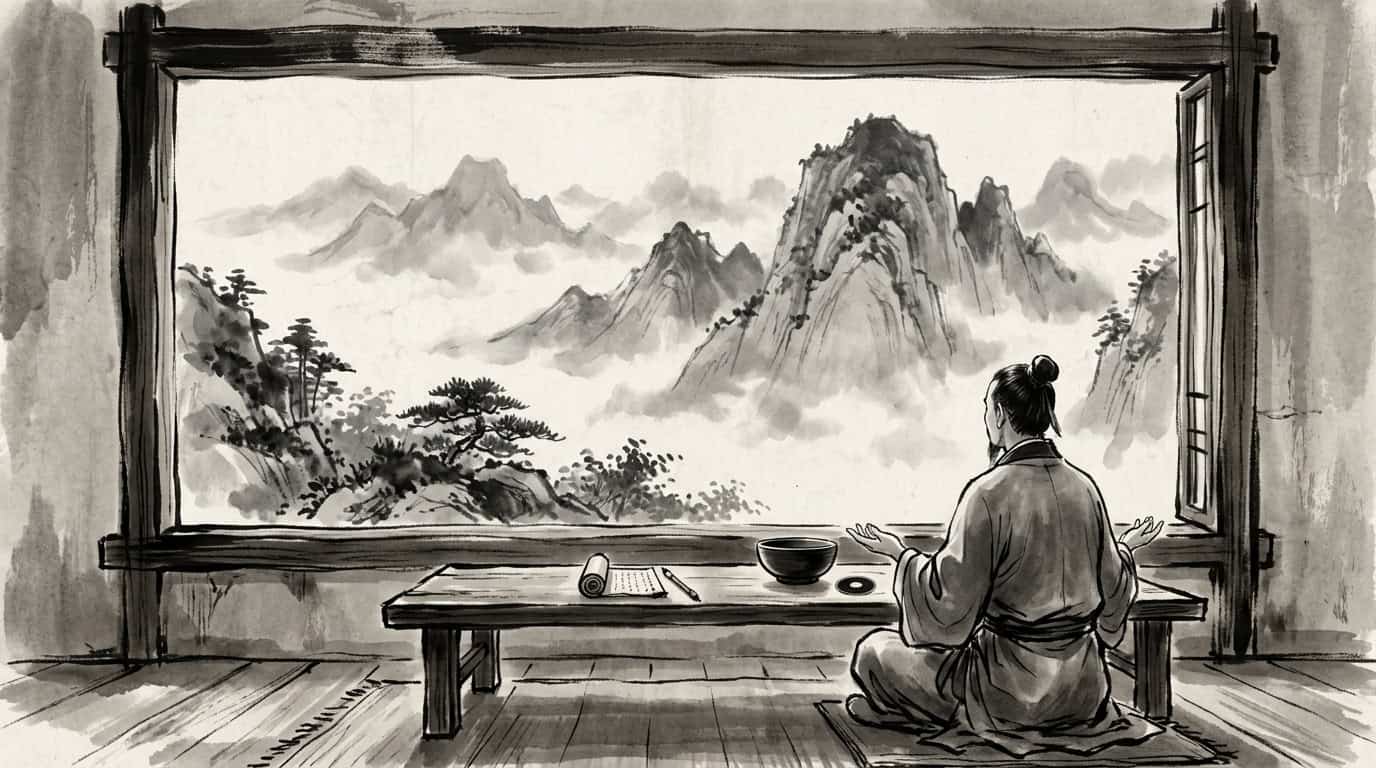 Figura ante mesa con moneda y cuenco, ventana a montanas, tinta china