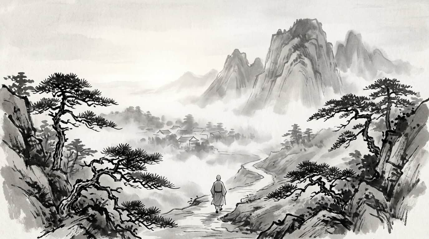 Figura caminando sendero al amanecer, pueblo entre niebla, tinta china